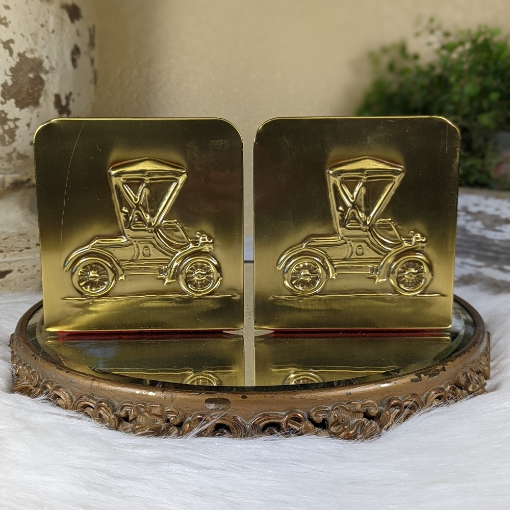 Car Art Metal Bookends Brass? Two Toned Antique Cars Vintage